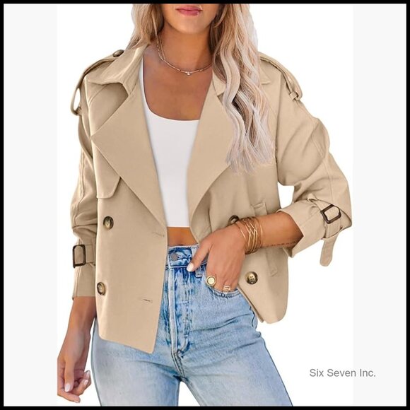 Jackets & Blazers - Women's Crop Double Breasted Trench Coat Raglan Sleeve Jacket